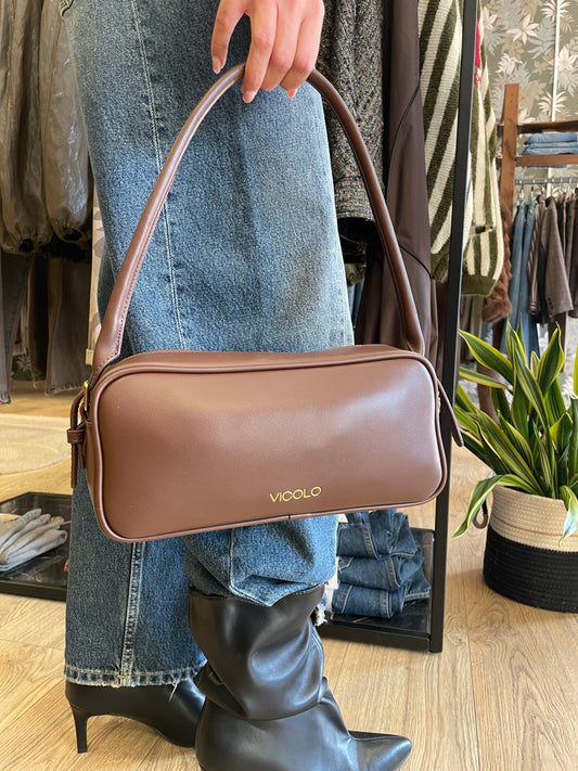 VICOLO - Borsa trunk a spalla in ecopelle color moka