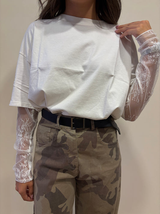 SUSY MIX - T-shirt in cotone con maniche in pizzo color latte - più varianti