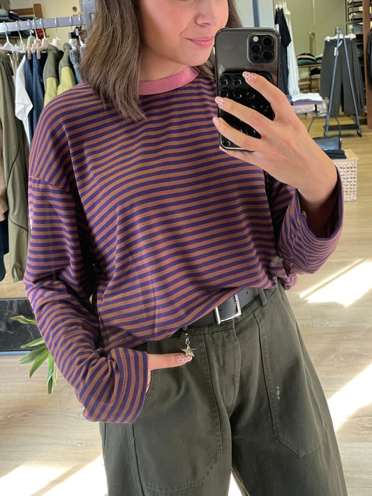 SUSY MIX - Maglia oversize a maniche lunghe e girocollo a righe color viola - più varianti