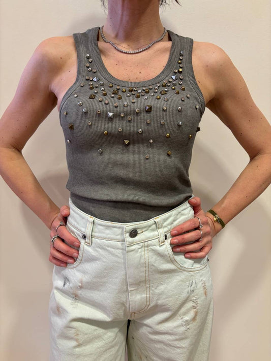 SOUVENIR - Canotta a costine grigia con dettaglio borchie