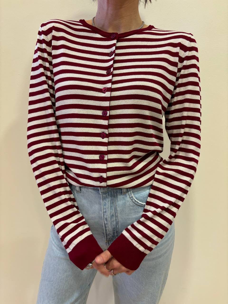 KONTATTO - Maglia a righe sangria e burro con bottoni