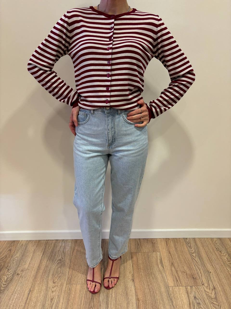 KONTATTO - Maglia a righe sangria e burro con bottoni
