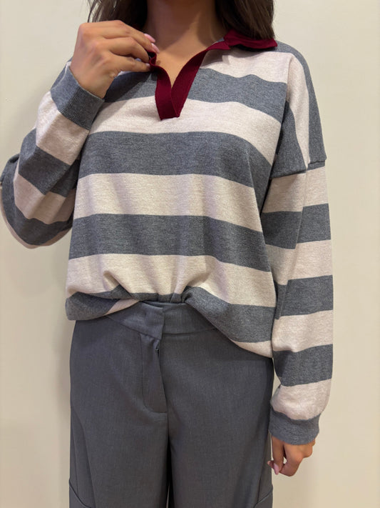 VICOLO - Polo a maniche lunghe in misto viscosa con colletto a contrasto rosso color grigio e panna