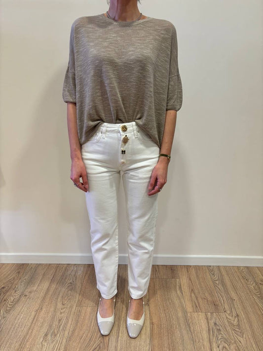 VICOLO - Jeans Zoe bianco con dettaglio bottoni gioiello
