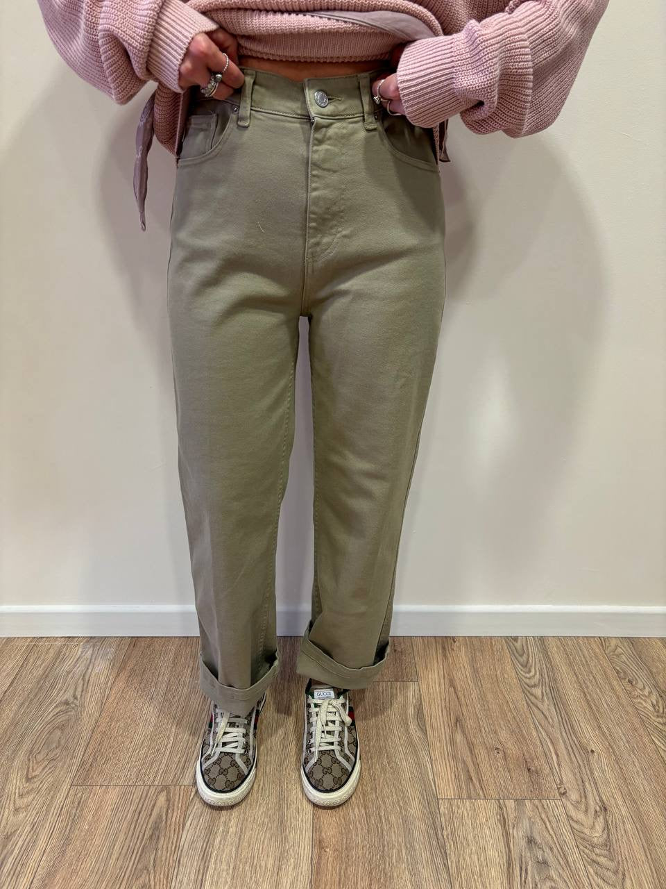 VICOLO - Jeans Kate color verde salvia a vita alta straight fit