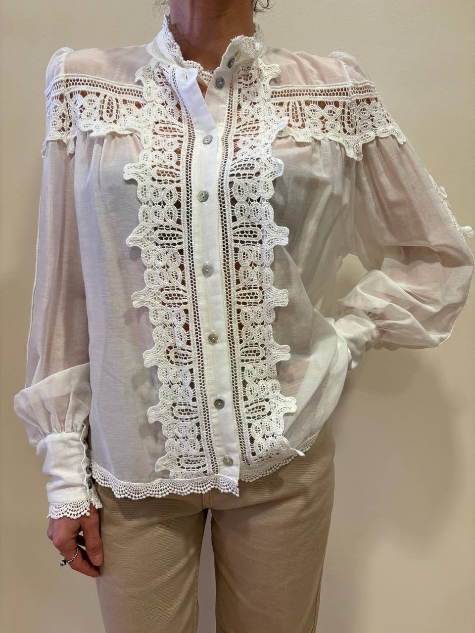 SOUVENIR - Camicia bianca in mussola di cotone e seta con dettaglio pizzo