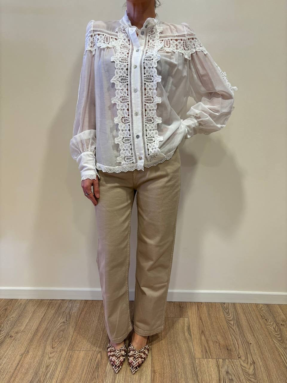 SOUVENIR - Camicia bianca in mussola di cotone e seta con dettaglio pizzo