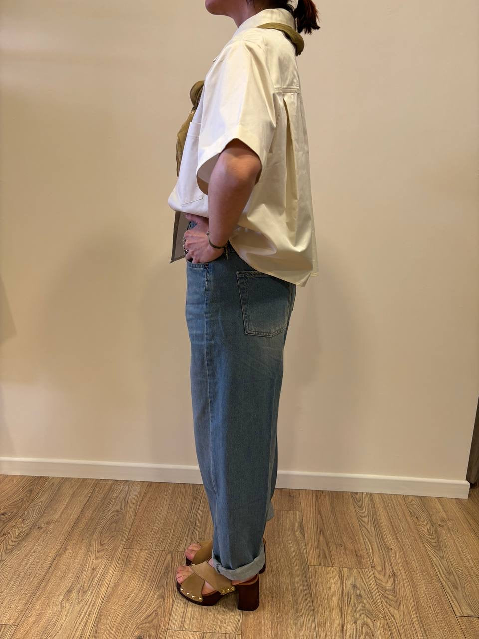 KAOS - Camicia vaniglia in cotone a mezza manica a scatoletta