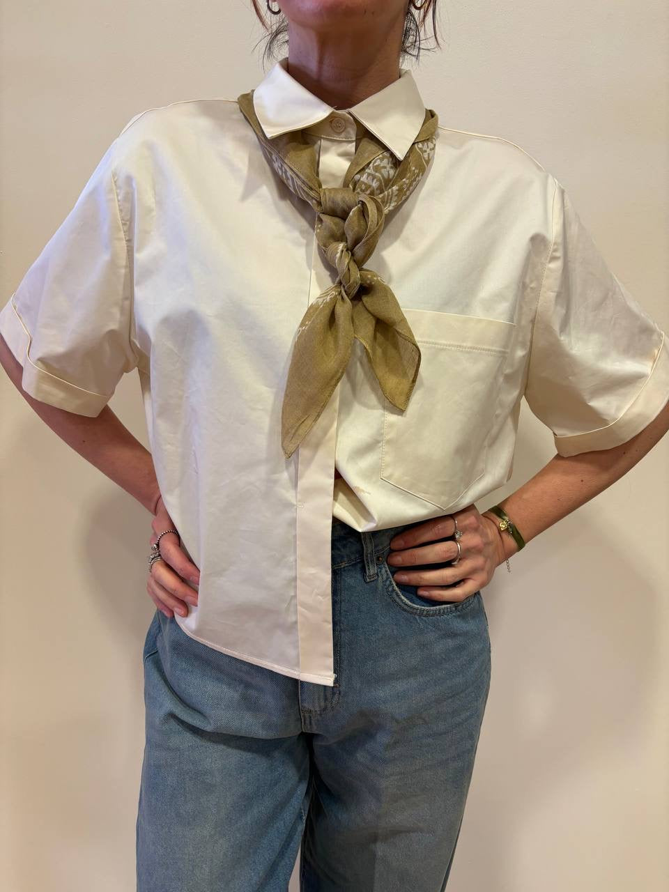 KAOS - Camicia vaniglia in cotone a mezza manica a scatoletta