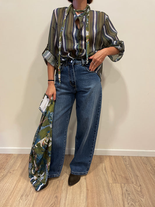 HAVEONE - Camicia a righe verdi e blu con collana nomad