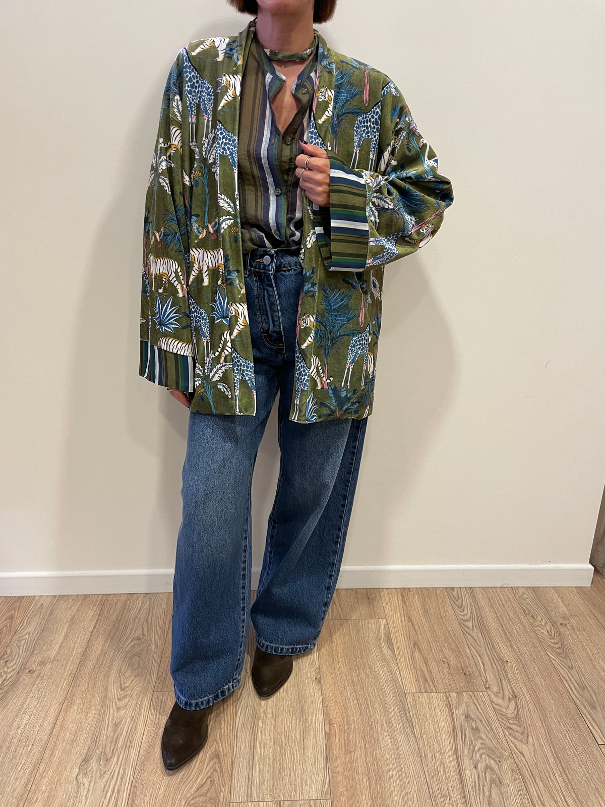 HAVEONE - Kimono in velluto in fantasia nomad verde e azzurro