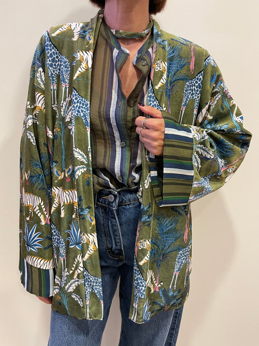 HAVEONE - Kimono in velluto in fantasia nomad verde e azzurro