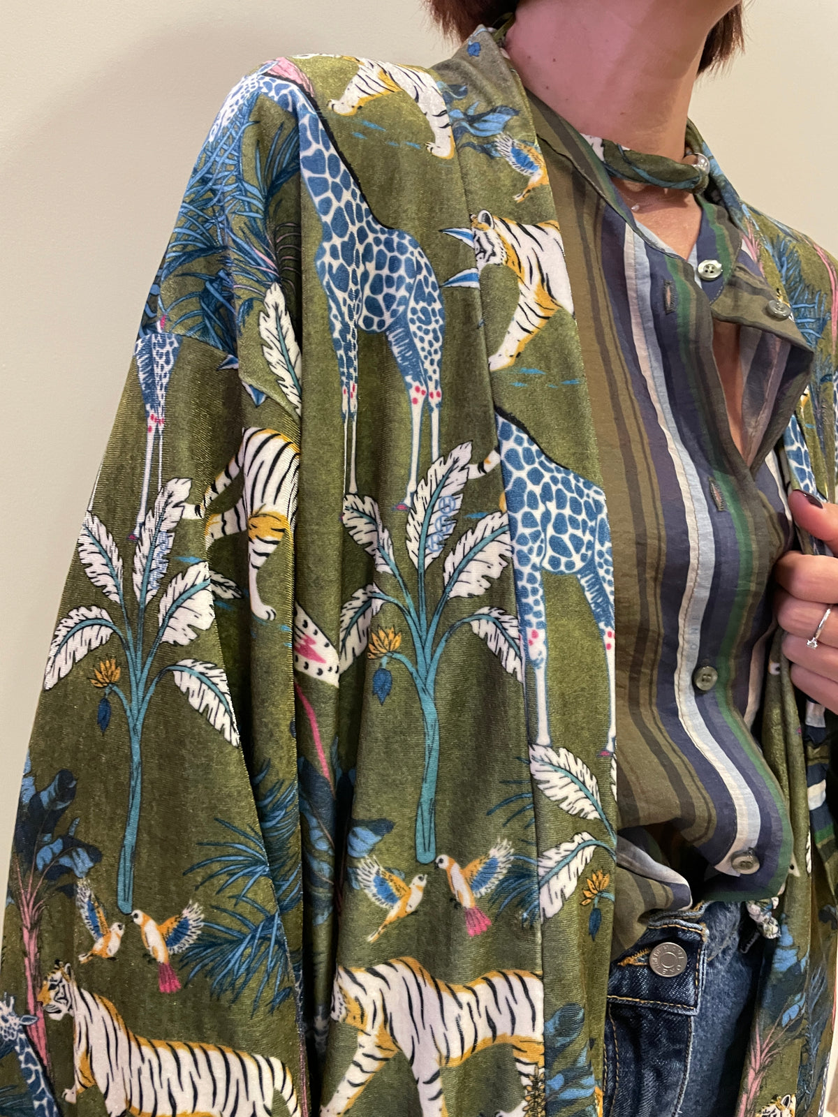 HAVEONE - Kimono in velluto in fantasia nomad verde e azzurro