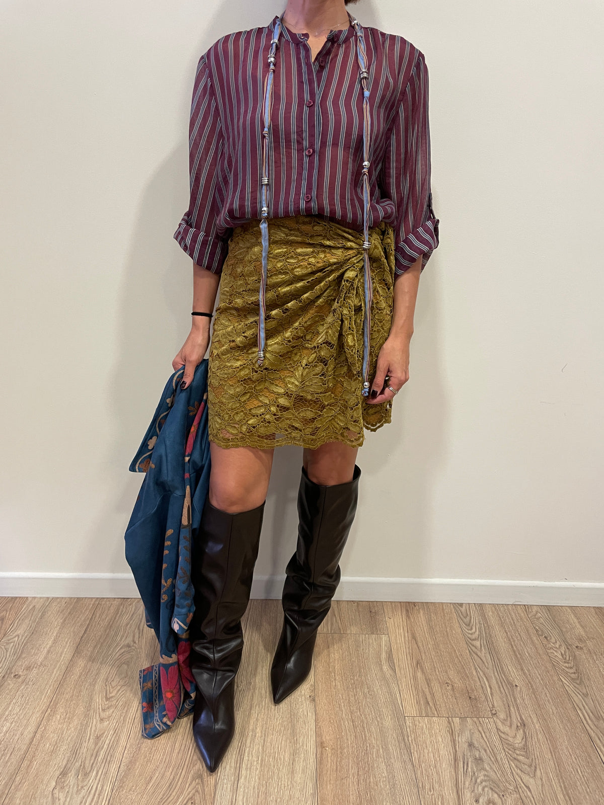HAVEONE - Gonna a pareo in pizzo color senape