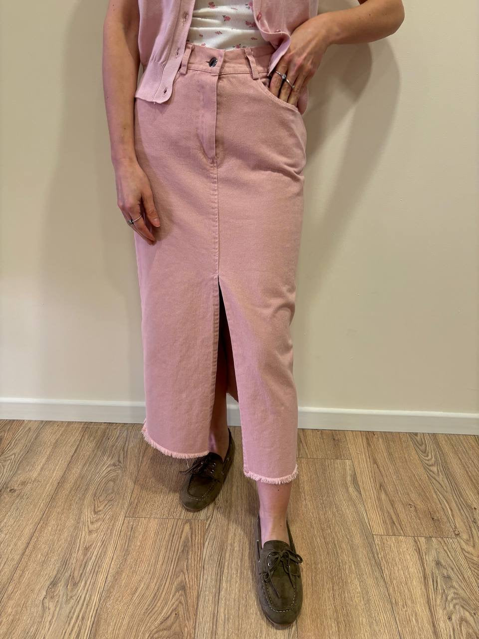 SAIPH - Gonna in denim rosa lunga con spacco frontale