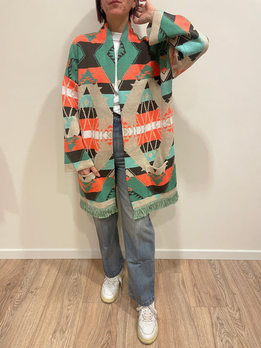 VICOLO - Cardigan in fantasia aperto con frange color bottiglia e arancio