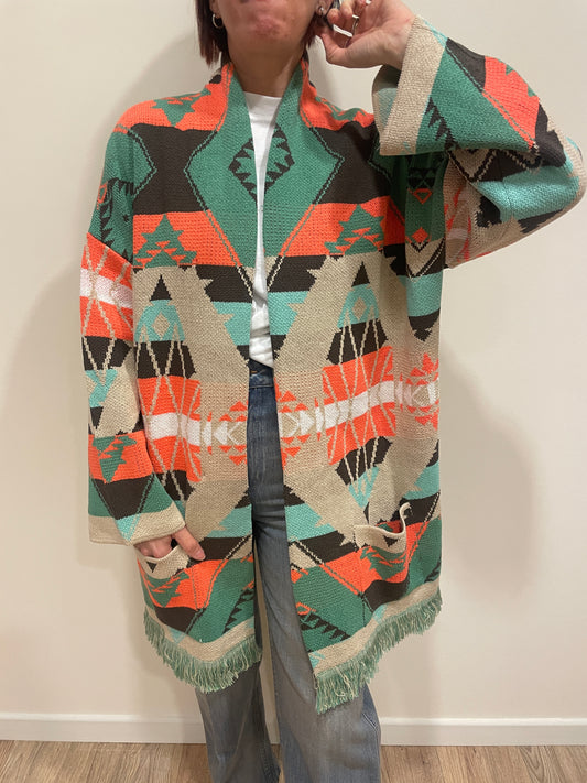 VICOLO - Cardigan in fantasia aperto con frange color bottiglia e arancio
