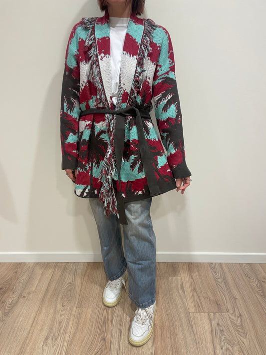VICOLO - Cardigan in fantasia con cintura e frange rosso e turchese