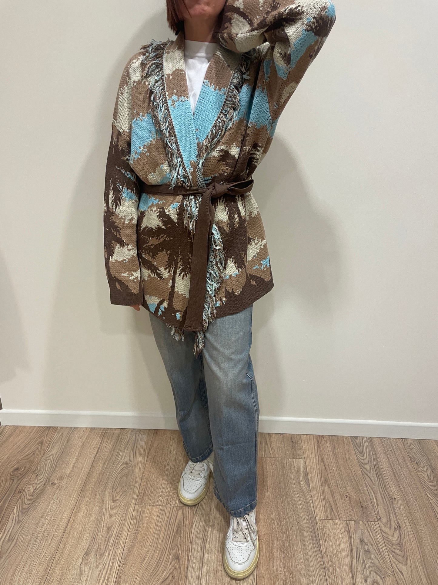 VICOLO - Cardigan in fantasia con cintura e frange moro e turchese