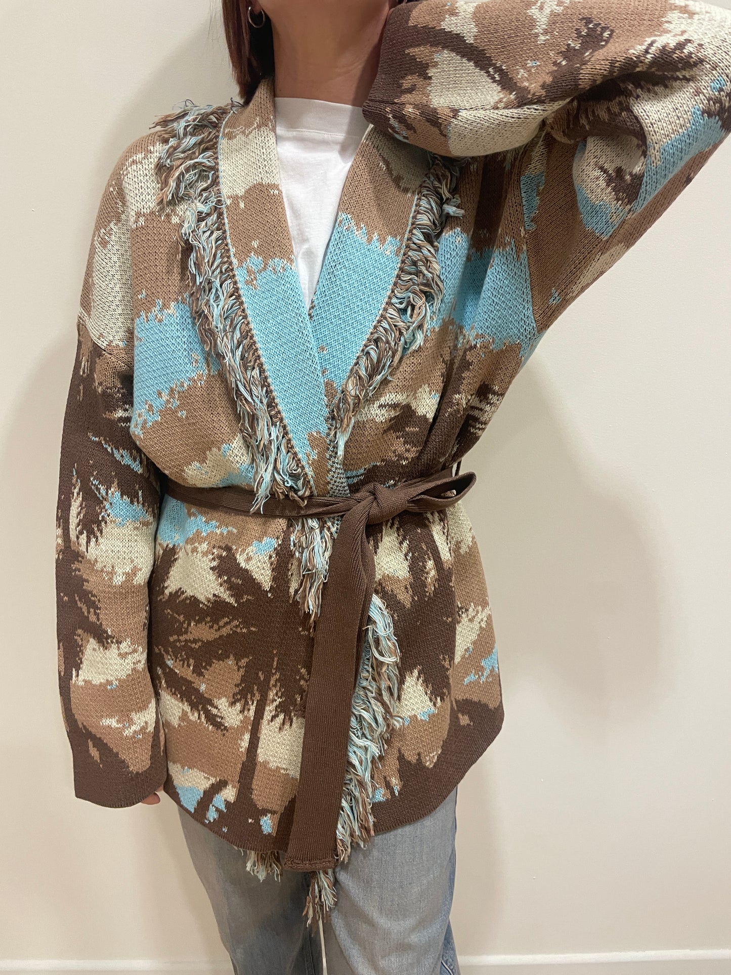 VICOLO - Cardigan in fantasia con cintura e frange moro e turchese