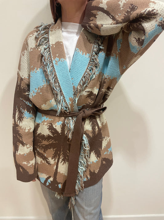 VICOLO - Cardigan in fantasia con cintura e frange moro e turchese