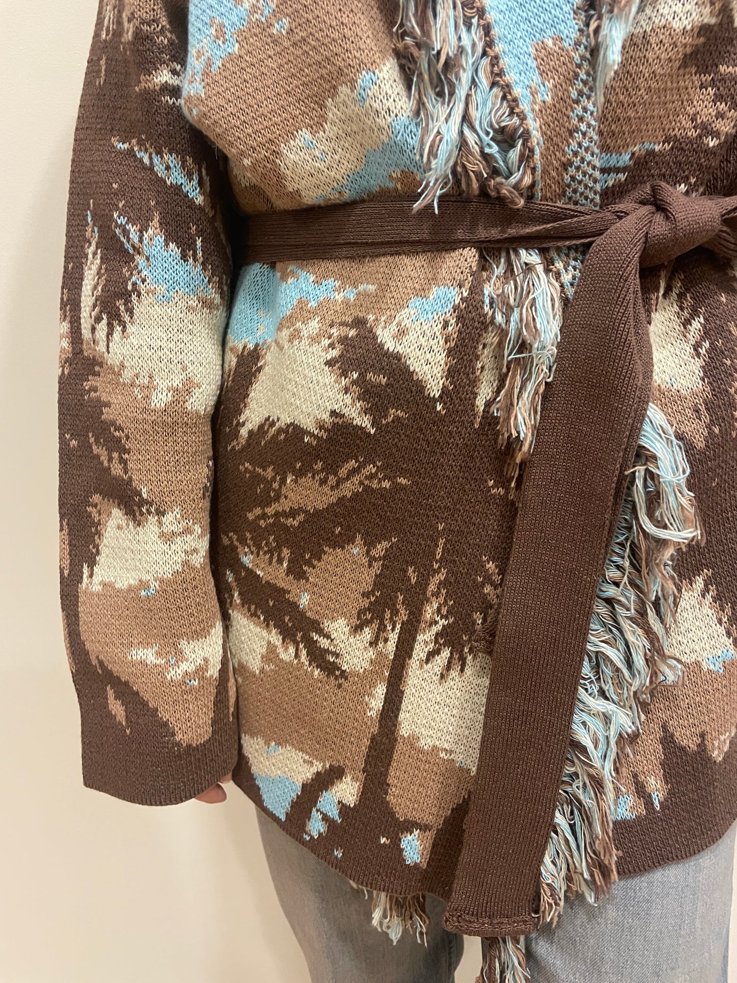 VICOLO - Cardigan in fantasia con cintura e frange moro e turchese