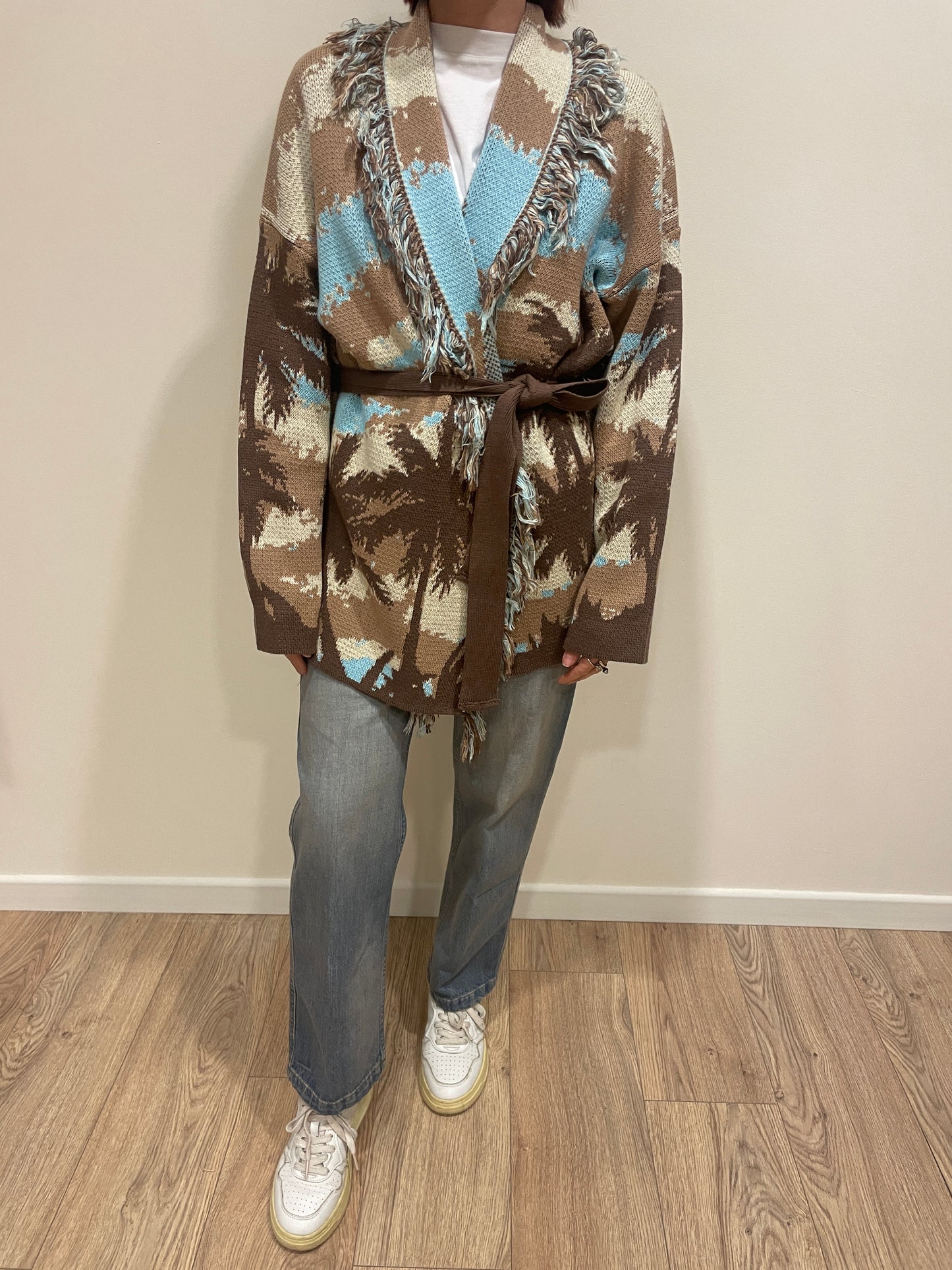 VICOLO - Cardigan in fantasia con cintura e frange moro e turchese