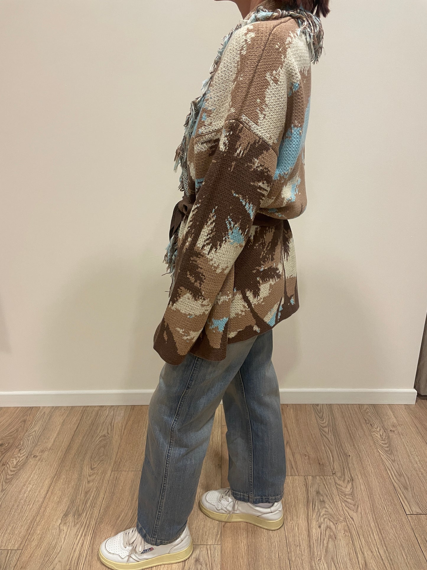 VICOLO - Cardigan in fantasia con cintura e frange moro e turchese