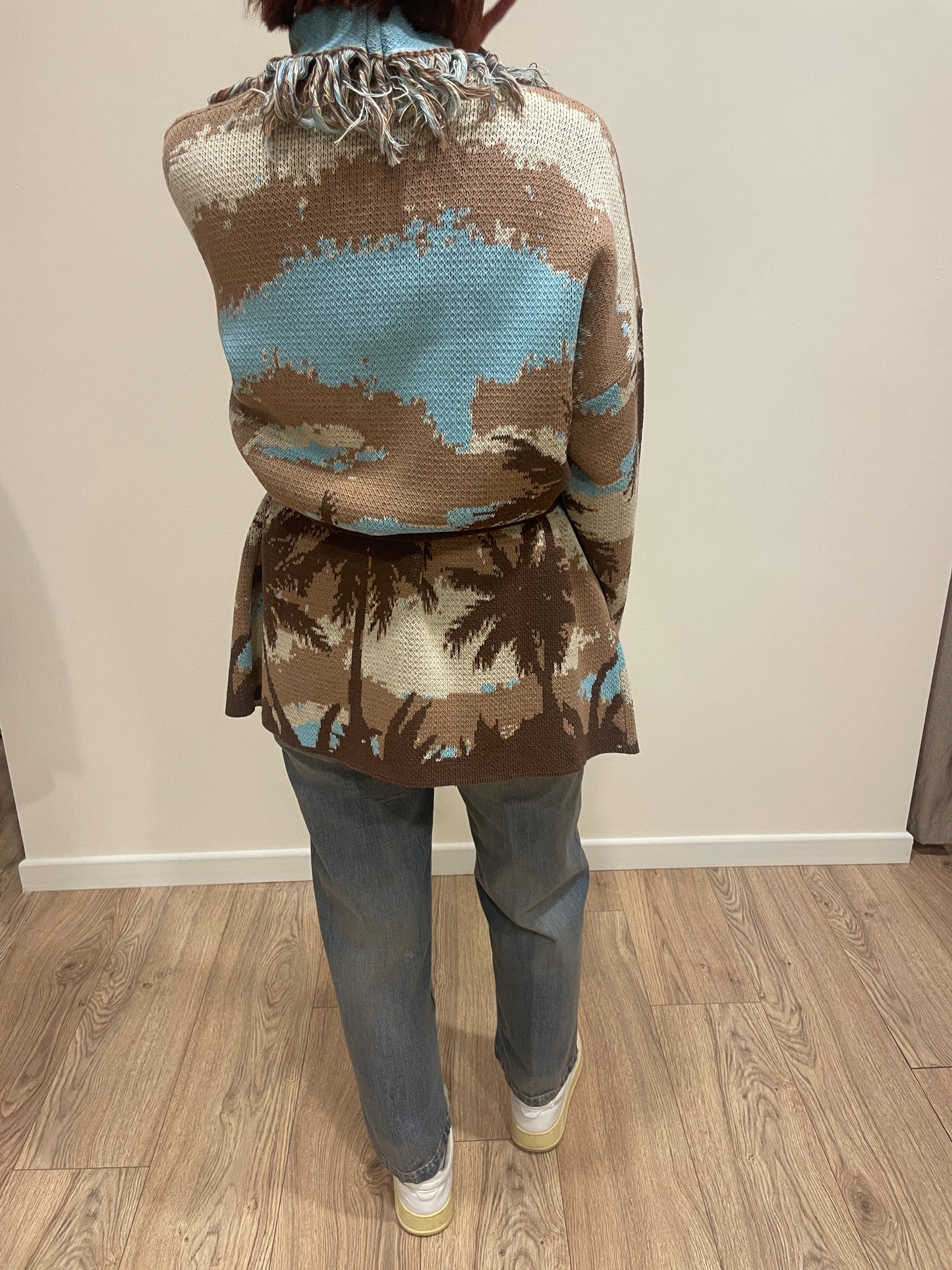 VICOLO - Cardigan in fantasia con cintura e frange moro e turchese