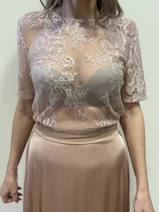 VICOLO - Maglia a mezze maniche rosa con pizzo