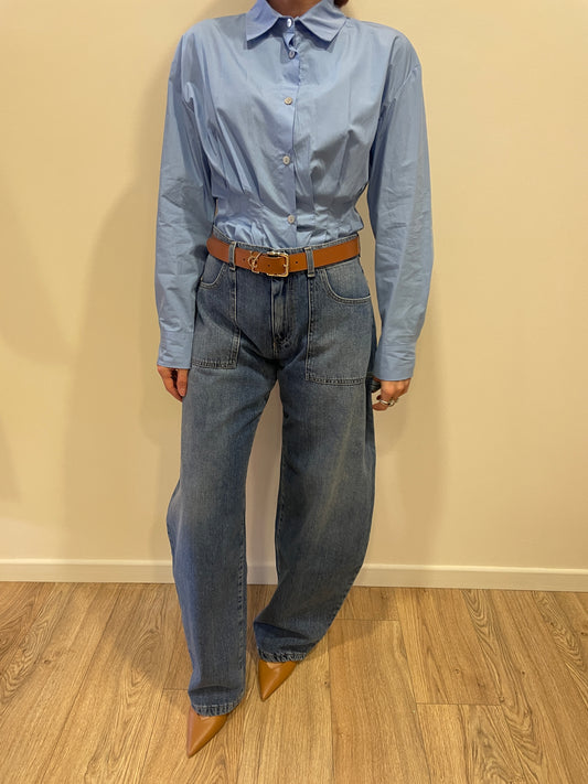 SAIPH - Camicia azzurro oxford con dettaglio arricciature