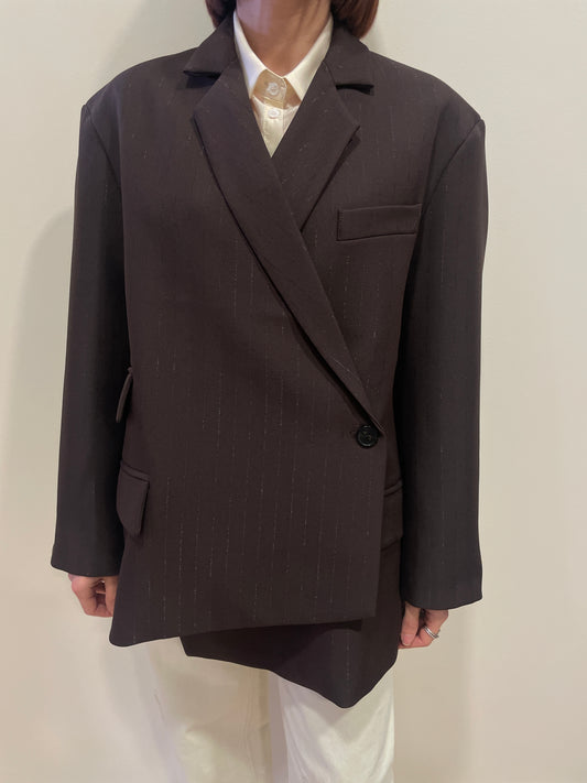 VICOLO - Giacca testa moro over gessata con bottone asimmetrico e spacchi laterali