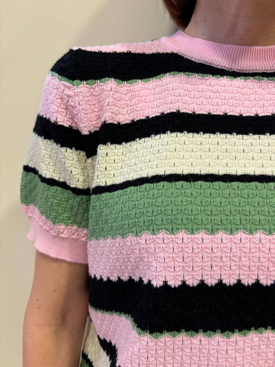 VICOLO - Maglia a righe effetto crochet rosa nera e verde