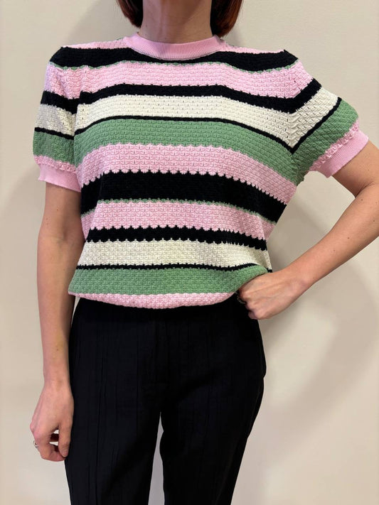 VICOLO - Maglia a righe effetto crochet rosa nera e verde