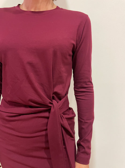 HAVEONE - Abito corto in cotone con nodo color bordeaux