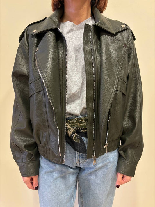 KONTATTO - Bomber in ecopelle verde militare con doppia zip