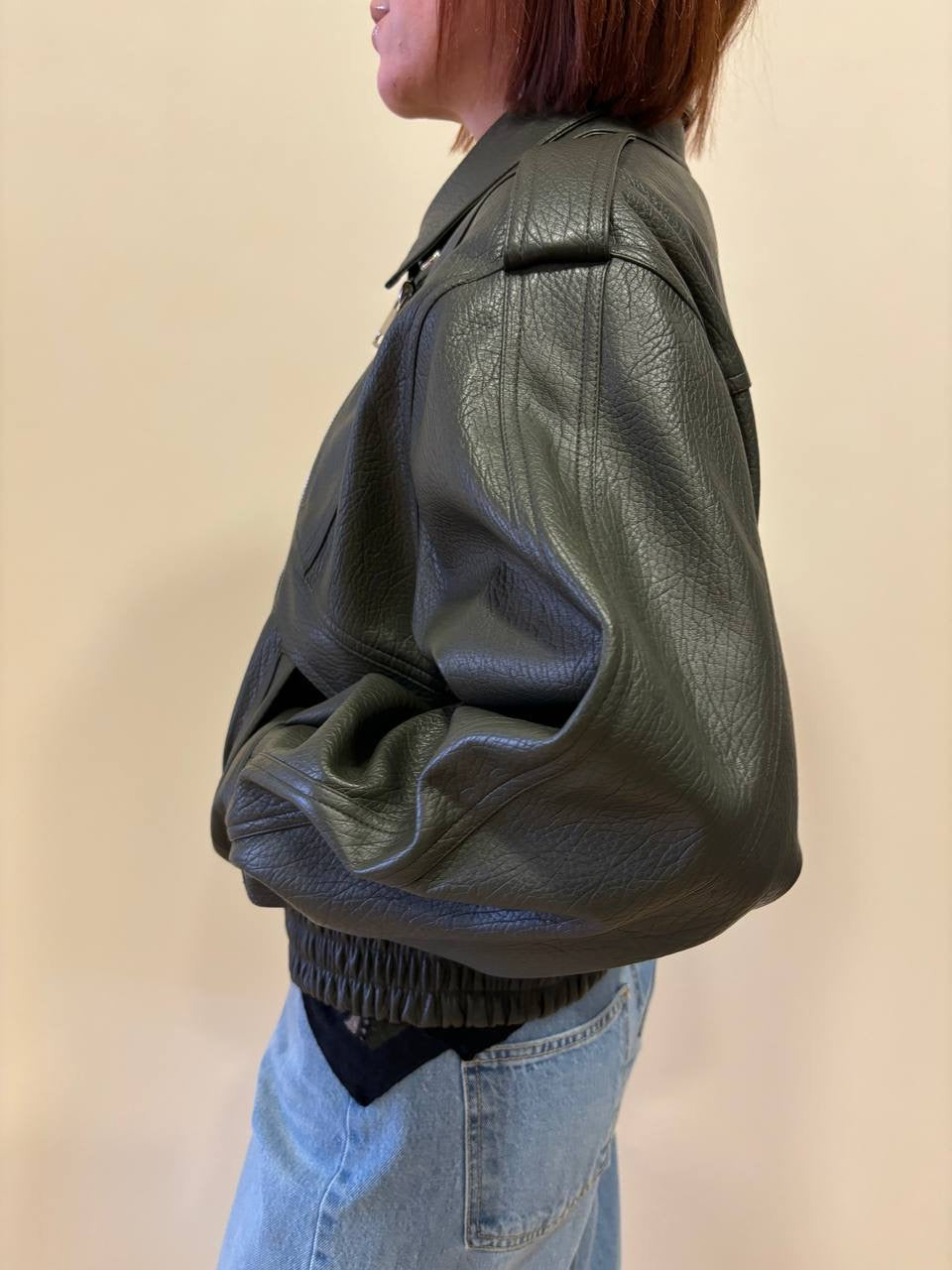 KONTATTO - Bomber in ecopelle verde militare con doppia zip