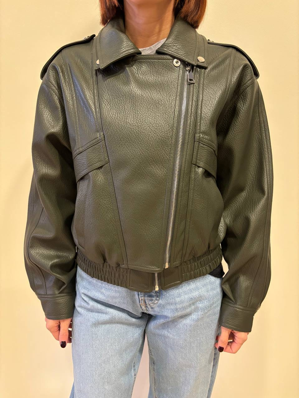KONTATTO - Bomber in ecopelle verde militare con doppia zip