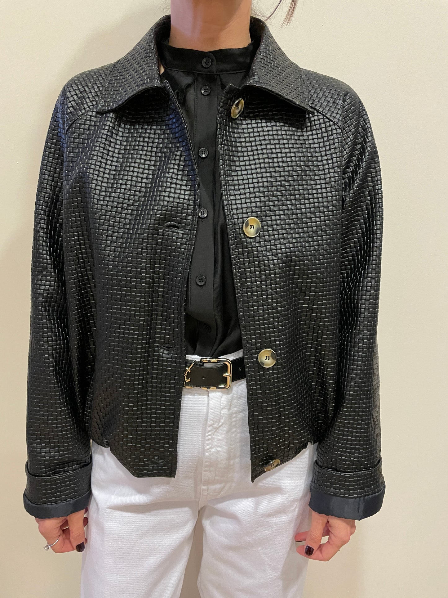 HAVEONE - Bomber nero in ecopelle intrecciata con bottoni e colletto