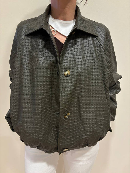 HAVEONE - Bomber verde militare in ecopelle intrecciata con bottoni e colletto