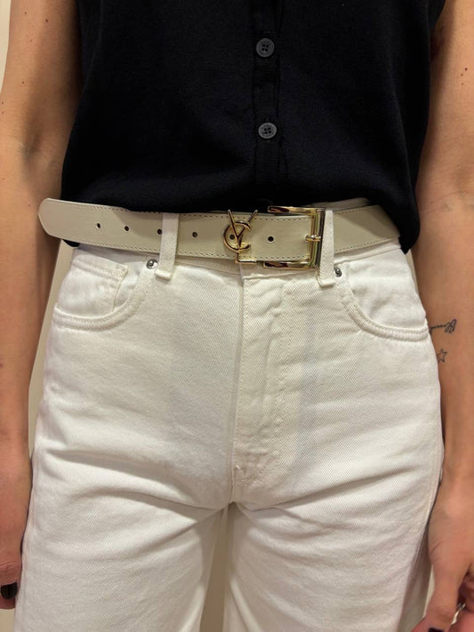 VICOLO - Cintura avorio con fibbia e logo dorati