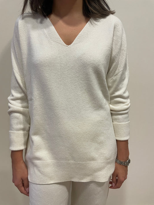 HAVEONE - Completo in misto viscosa con maglia con scollo a V e pantalone con elastico in vita color burro