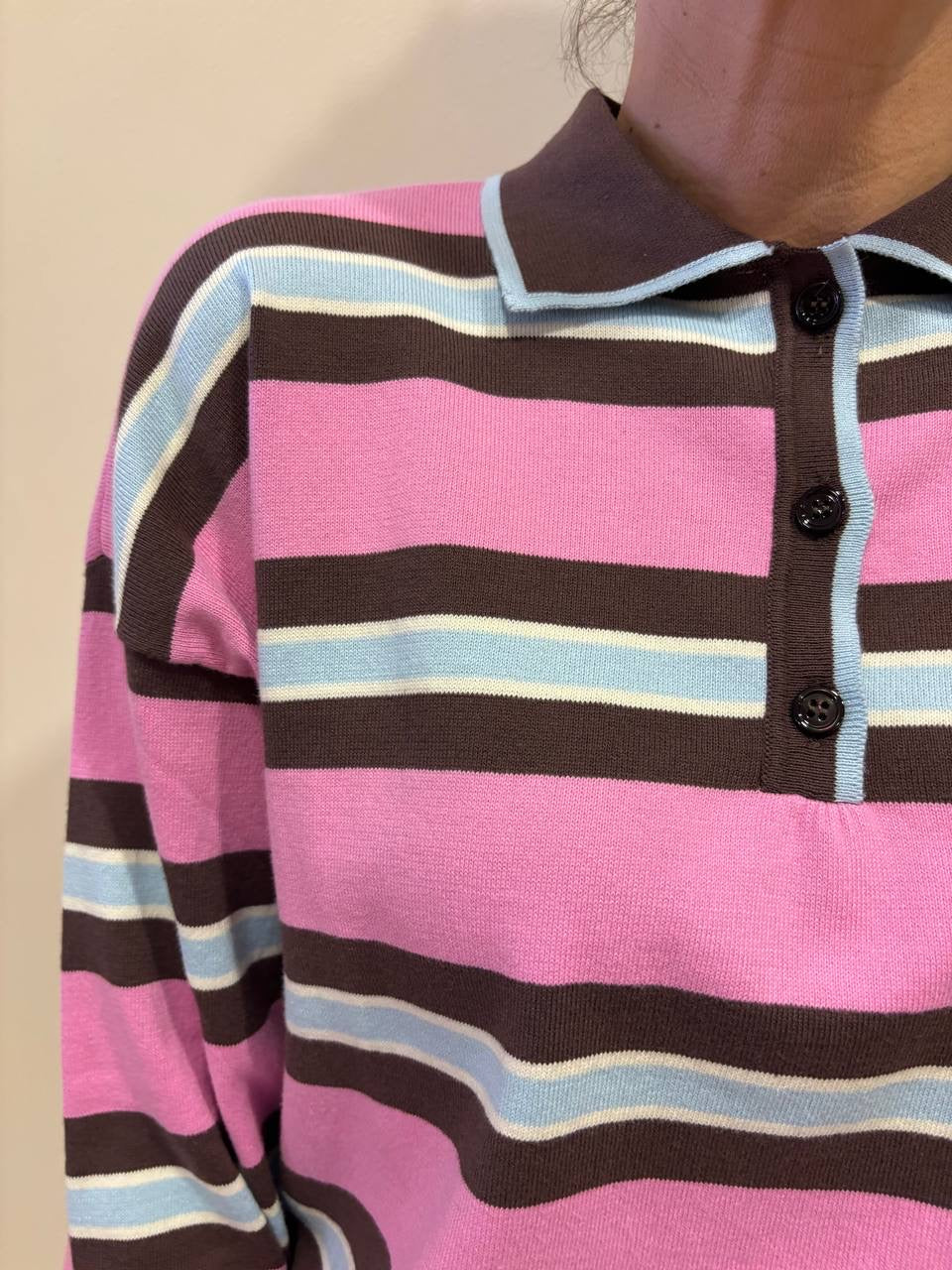 VICOLO - Polo a righe a contrasto rosa e azzurro con colletto