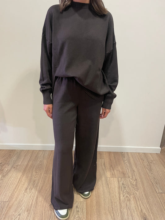 SUSY MIX - Pantalone in maglia a palazzo con elastico color moro