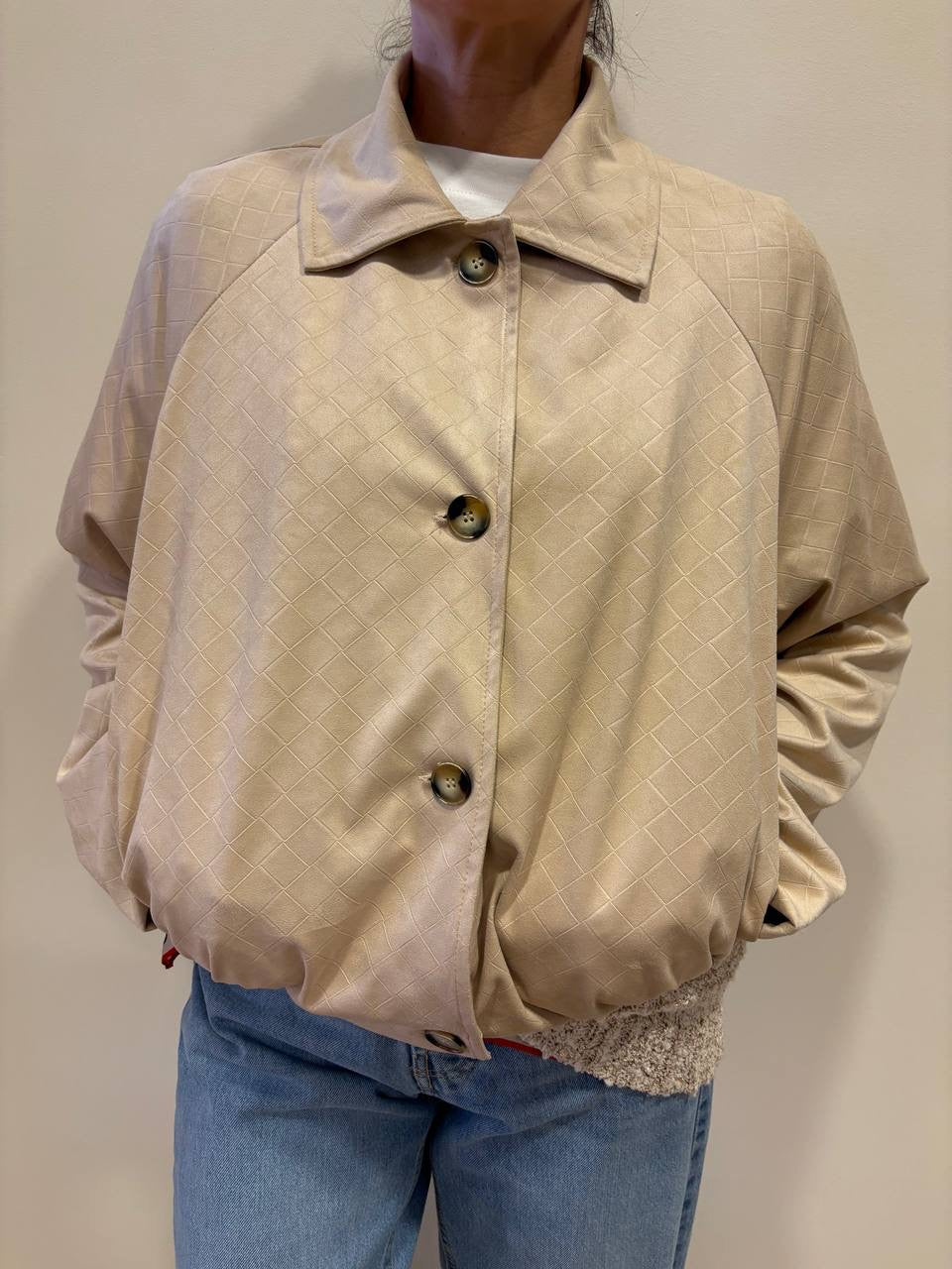 HAVEONE - Bomber in ecocamoscio beige intrecciato con bottoni e colletto
