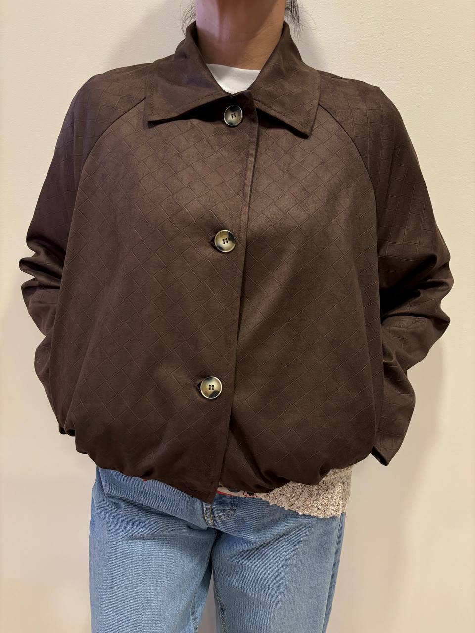 HAVEONE - Bomber in ecocamoscio testa moro intrecciato con bottoni e colletto