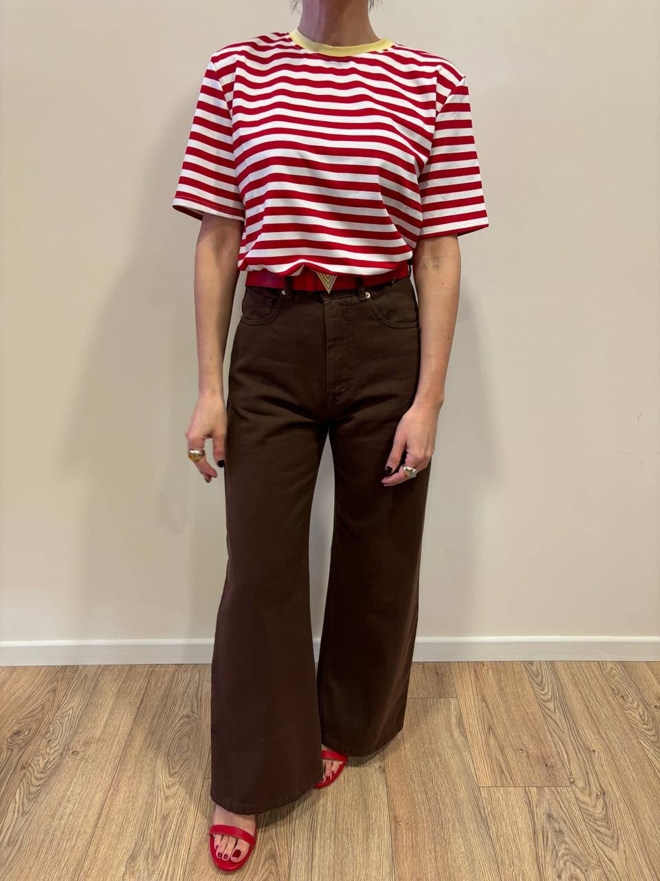 HAVEONE - T-shirt a righe con girocollo a contrasto giallo