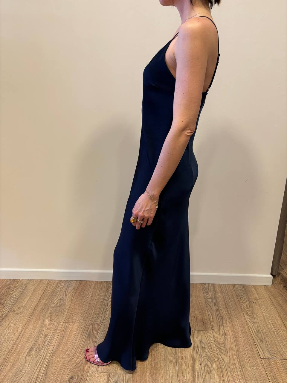 VICOLO - Abito effetto raso lungo blu con pinces chiuse