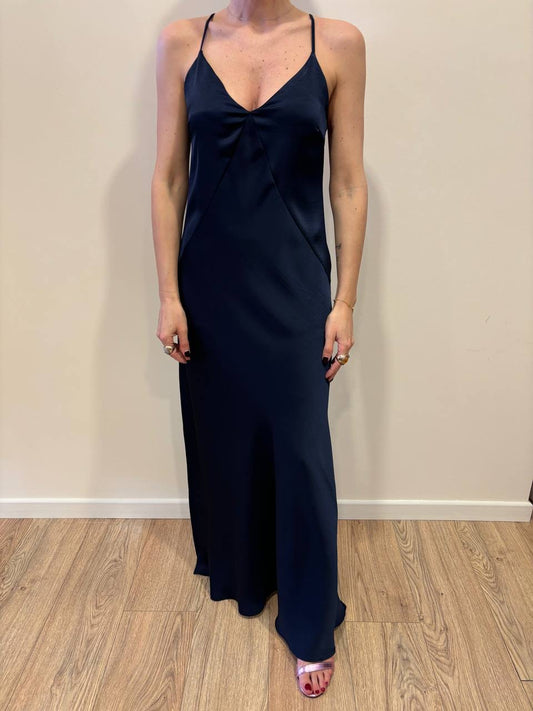 VICOLO - Abito effetto raso lungo blu con pinces chiuse