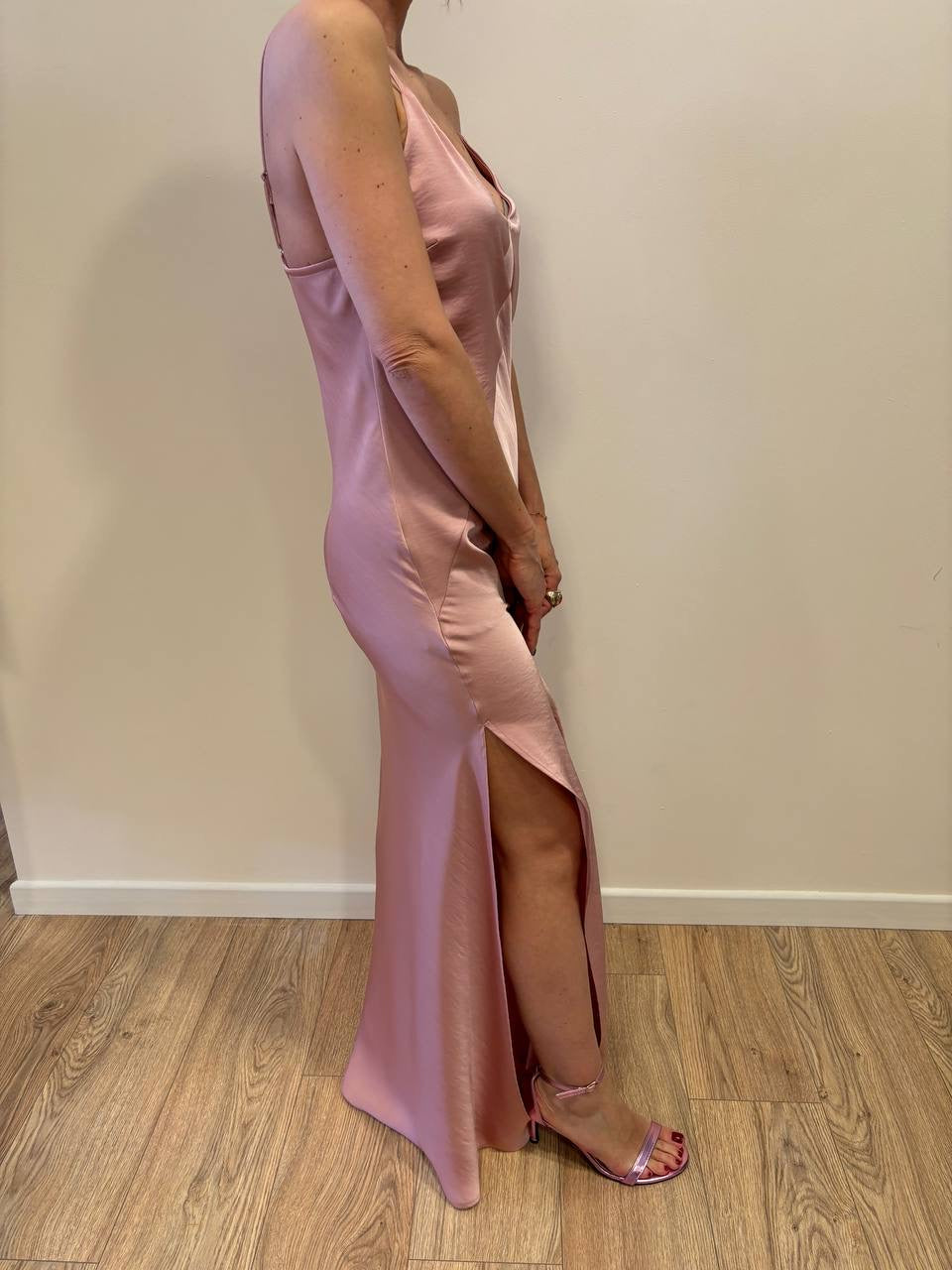 VICOLO - Abito effetto raso lungo rosa con pinces chiuse